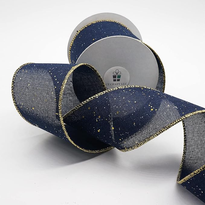 CT CRAFT LLC Blue Burlap Fabric Confetti Glitter Wired Ribbon 2.5" x 10 Yards - Image 2