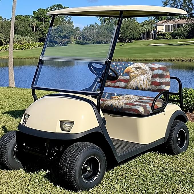 Bulopur Bald Eagle American Flag Golf Cart Seat Covers 2 Pack Fit for EZGO TXT RXV/Club Car DS Precedent Golf Cart Bench Cover and Backrest Cover Set Patriotic Golfcart Accessories