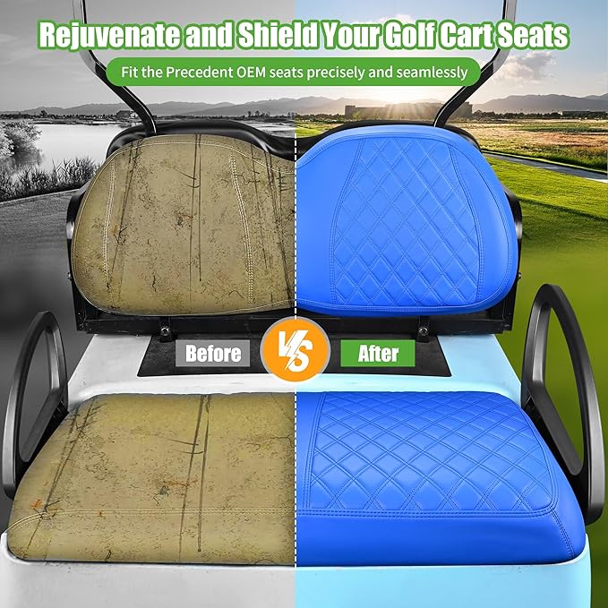 10L0L Golf Cart Seat Covers for Club Car Precedent,EZGO TXT Front/Rear Seats Diamond Pattern,Vinyl Leather with Adjustable Straps and Retractable Buckle, No Stapler Needed
