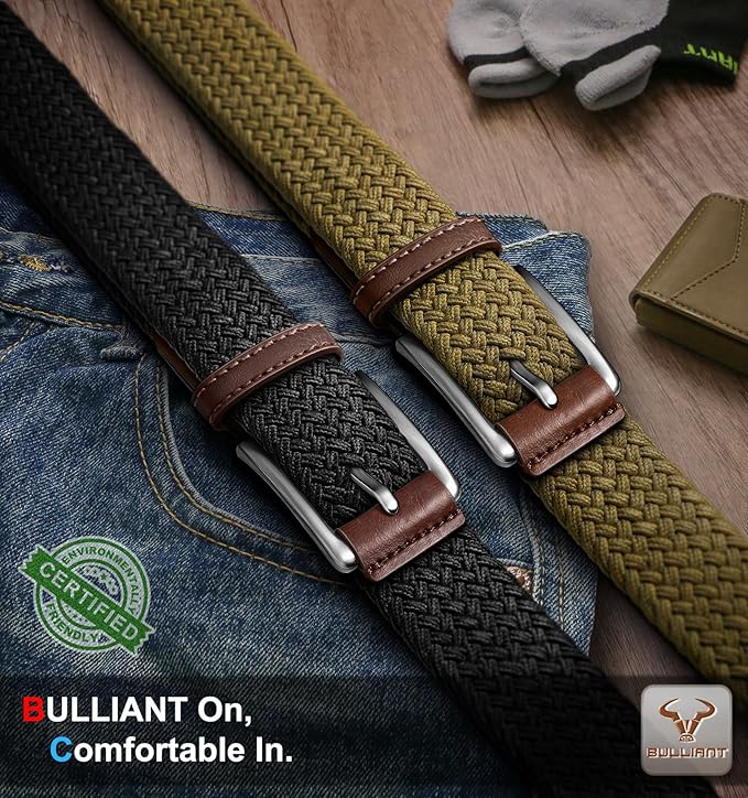 BULLIANT Belt for Men 2Pack,Mens Gift Stretch Braided Web Belt Elastic for Casual Golf Jeans,1 3/8"