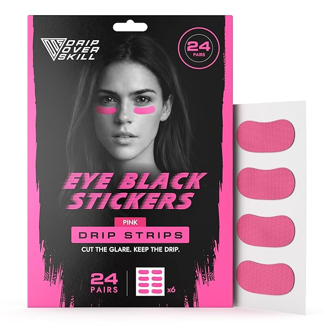 DRIP Strips Pro-Grade Eye Black Stickers, 24 Pairs, Natural Flex & Stretch Eye Black Face Strips, Breathable, Sweat-Proof, Eye Black Baseball, Softball, Football, Lacrosse, Pink Shock OG Strips