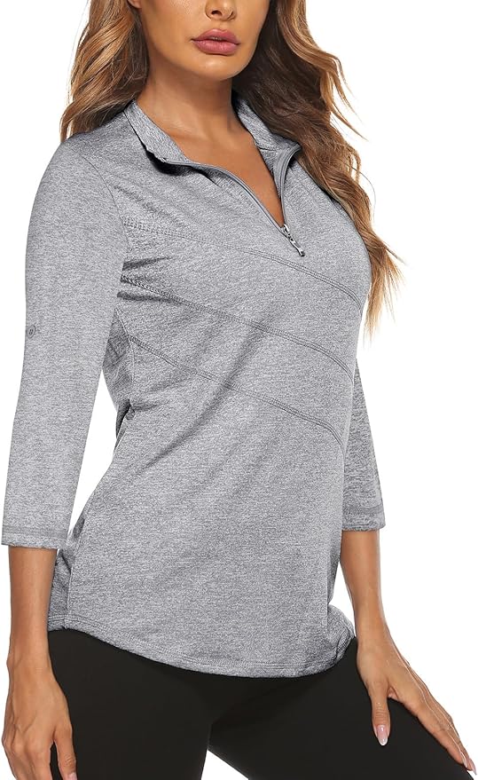 Koscacy Women's 3/4 Roll Sleeve Golf Tennis Polo Shirts UPF50+ Half Zip Dry Fit Workout Tops Athletic Shirt