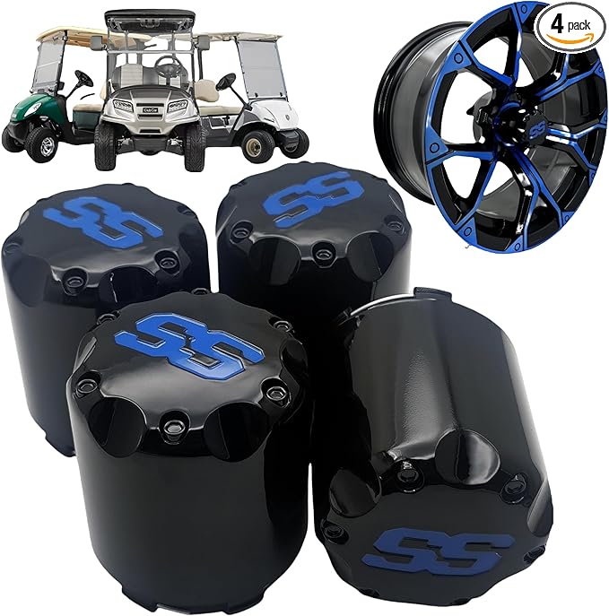 Golf Cart SS Wheel Center Cap Cover, ITP Push in Style Wheel Hub Caps for EZGO Club Car Yamaha and Other Models 8,10,12,14 inch Wheel,4 PCS (Gloss Black with Blue SS)