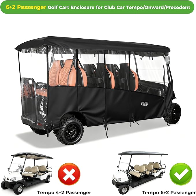 10L0L 2/4/8 Passenger Golf Cart Enclosure for Club Car Precedent/Tempo/Onward, 600D Waterproof Golf Cart Rain Cover, Driving Enclosure with 4-Sided Clear Windows Roll-up Door Black -Roof 58"-141"
