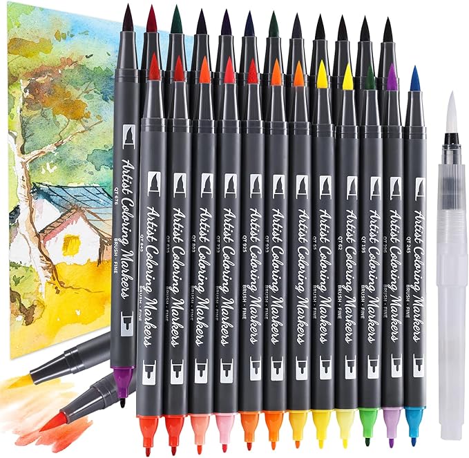 24 Colors Blendable Watercolor Markers 2025 Upgrade Double Tip Paint Pens by TOSHARE