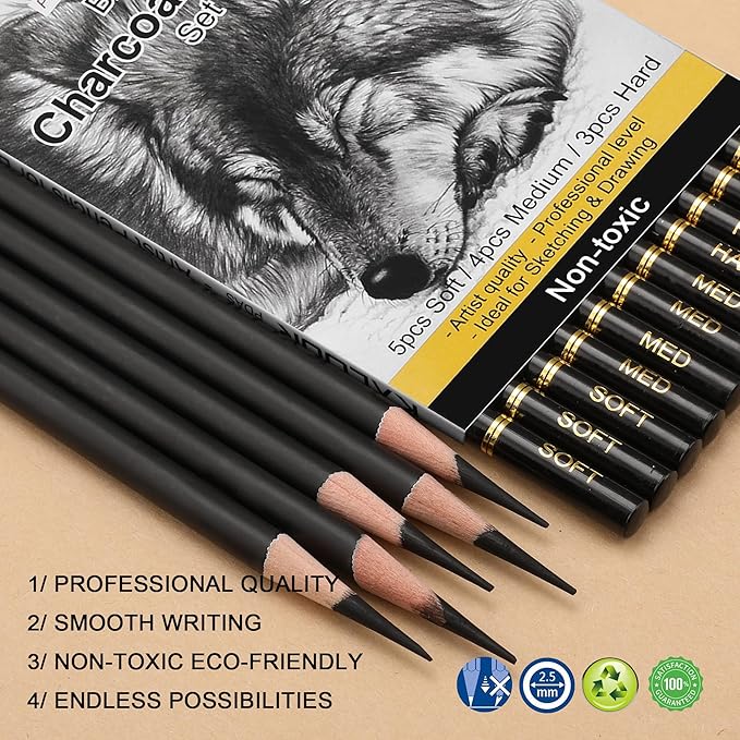 KALOUR Professional Charcoal Pencils Drawing Set -12 Pieces Soft, Medium and - Image 2