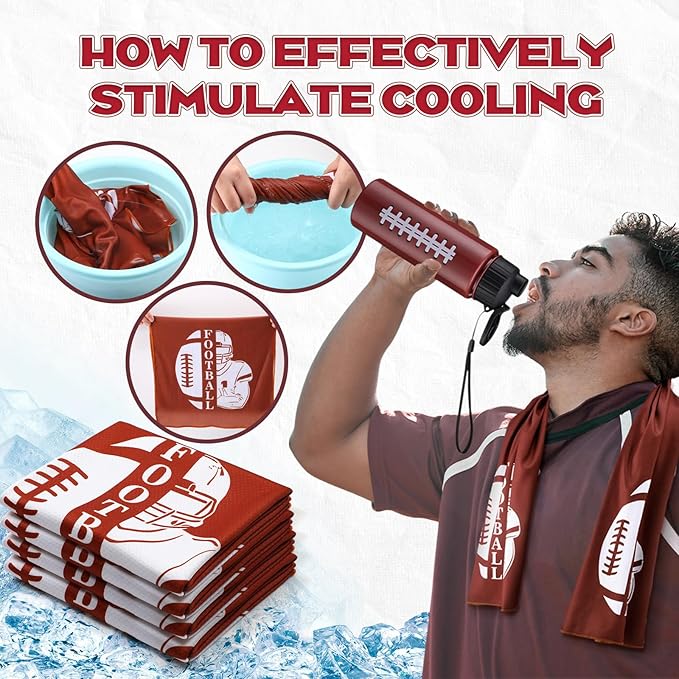 Reallnaive 24 Pcs Sports Water Bottle Cooling Towel Set Include 12 Reusable Sports Squeeze Water Bottle 12 Ice Towel Breathable 40"x12" Cooling Towels for Soccer Team Gift (Football)
