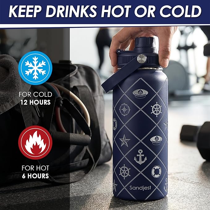 SANDJEST Boat Captain Insulated Stainless Steel Water Bottle 32oz, Vacuum Chug Lid Travel Tumbler for Men Friends Dad Brothers, Gift for Birthday Christmas Fathers Day