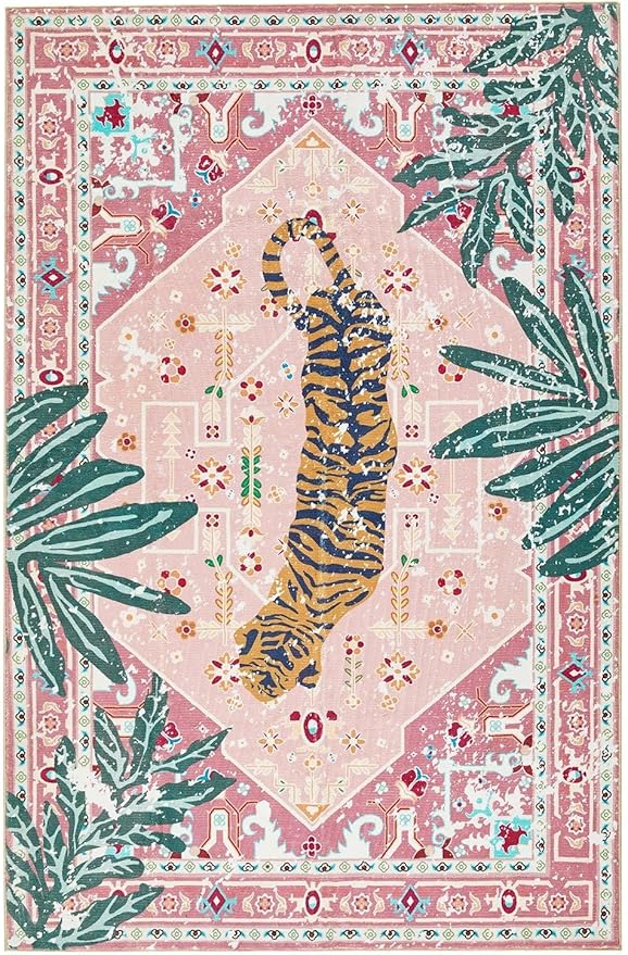 Hippie Rugs, 2x3 Faux Wool Tropical Pink Boho Throw Rugs - Image 8