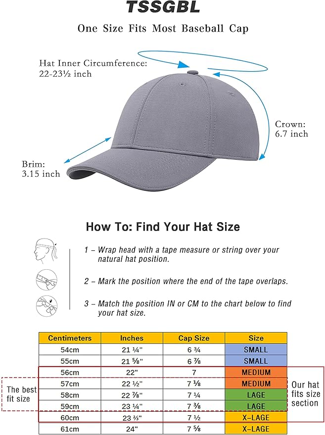 TSSGBL Men's Plain Baseball Hat - OSFM & XXL Big Head Fit，Adjustable Structured Ball Cap with Reflective Sandwich Brim