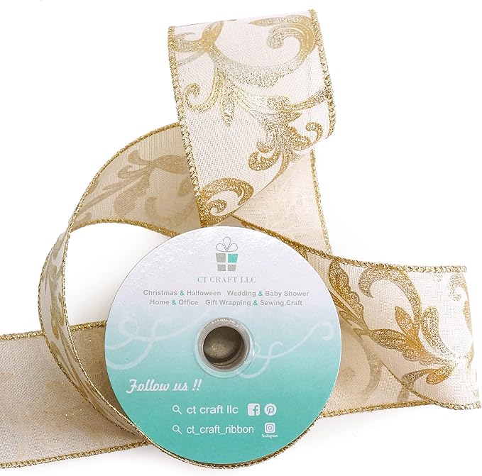 CT CRAFT LLC Tan Burlap Gold Swirl Wired Ribbon 2.5 Inch x 10 Yards - Image 2