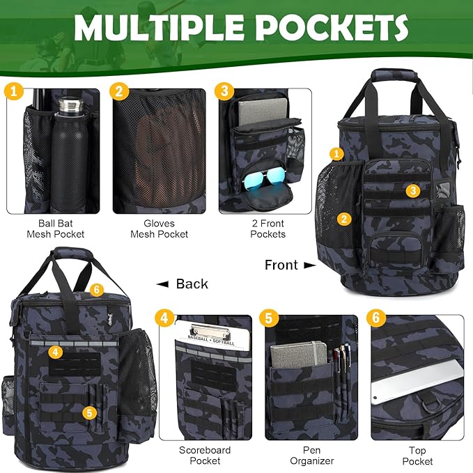 Baseball Bucket Bag Baseball Coaching Accessories Organizer Softball Bucket Bag with Anti-Slip Bottom & Multiple Pockets for Bat, Gloves, Scoreboards