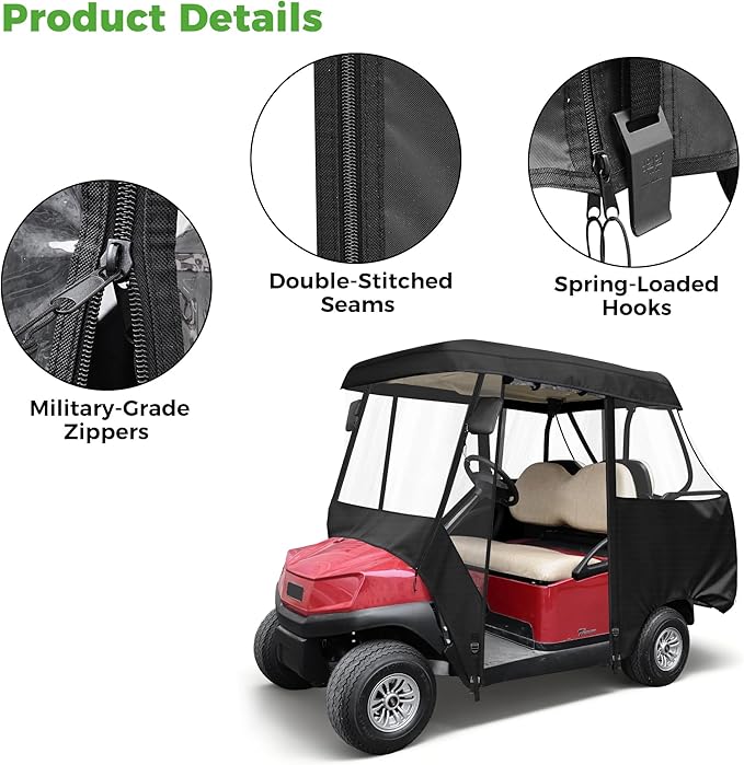 10L0L 2/4/8 Passenger Golf Cart Enclosure for Club Car Precedent/Tempo/Onward, 600D Waterproof Golf Cart Rain Cover, Driving Enclosure with 4-Sided Clear Windows Roll-up Door Black -Roof 58"-141"