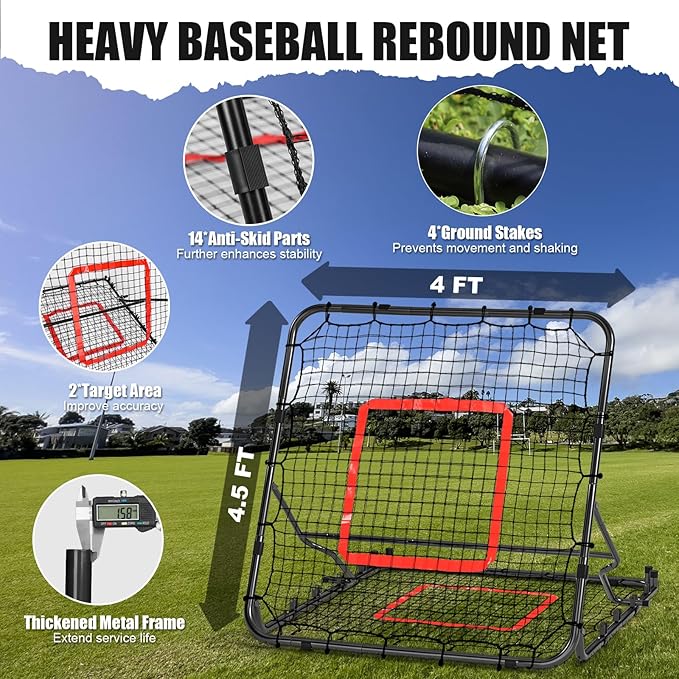 Storgem Baseball Softball Rebounder Net, Pitch Back Rebound Net,Soccer Rebound Net, Fielding Rebounder,Double Sided Adjustable Multi-Sports Pitching Rebound Net for Throwing Practice