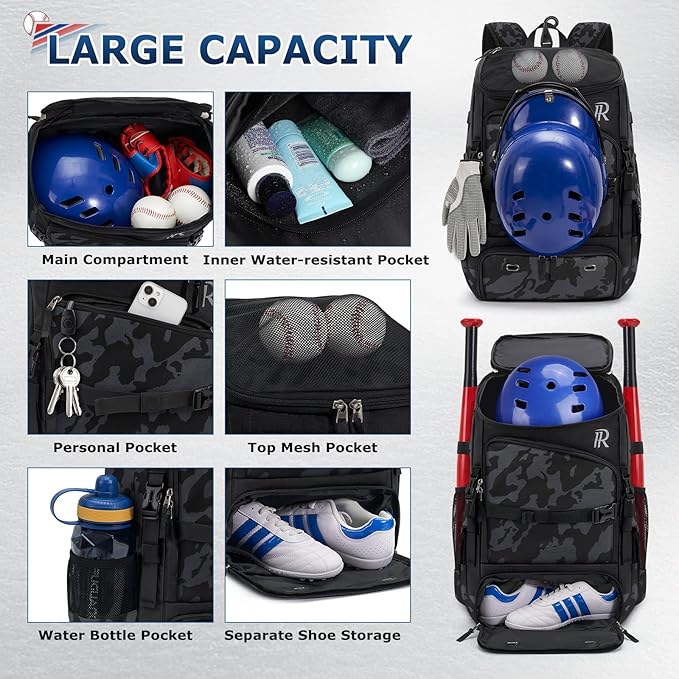 RAINSMORE Baseball Bag for Youth & Adult 40L Large Softball Bag Lightweight Baseball Backpack with Helmet Holder, Shoe Compartment, Fence Hook Waterproof Bat Bag for Baseball Softball Tball Equipment