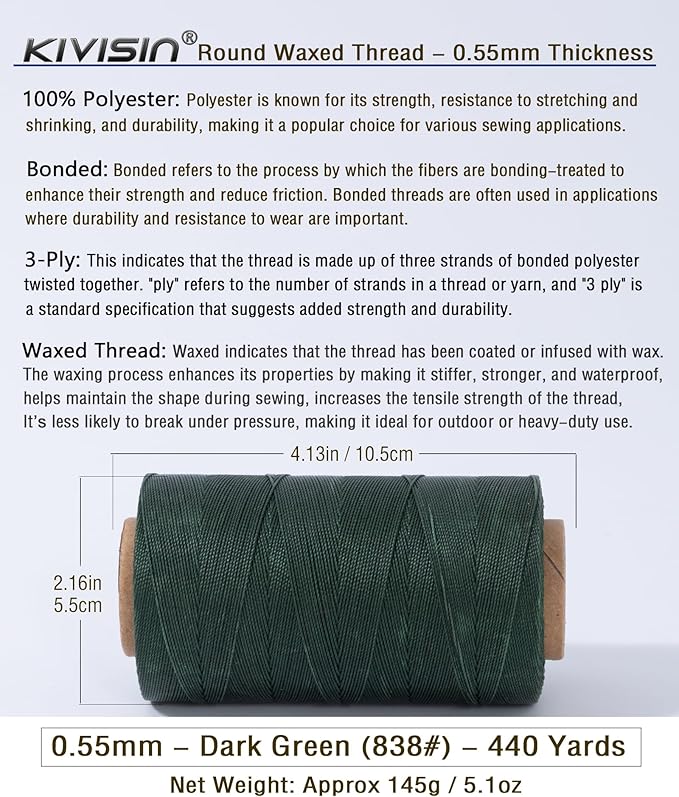 Round Waxed Polyester Thread 0.55mm, 440 Yards, Dark Green, Stiff 3 Ply Leather - Image 2