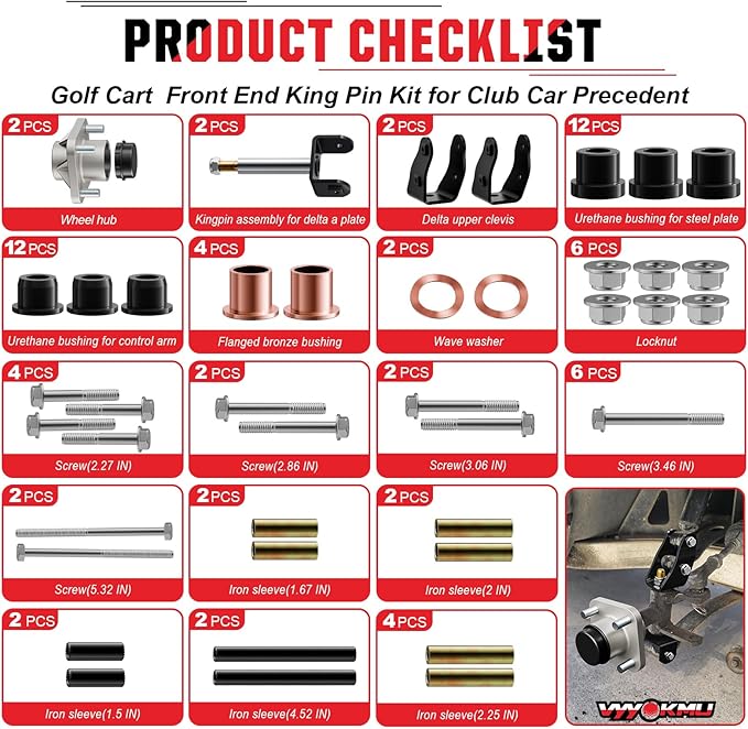Club Car Precedent Deluxe Repair Kit, 2004-UP Golf Cart Front End Kit for Precedent, Club Car Repair Kit Front Wheel Hub King Pin Bearing Bushings Sets, Replace OEM# 102287201 103638601 103638801