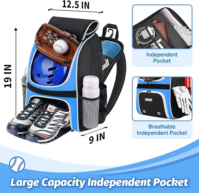 Youth Baseball Bag - Baseball Backpack Bat & Glove Holder, T-Ball & Softball Equipment & Gear,Large Main Compartment for Helmet & accessories, Fence Hook，Insulation Pocket