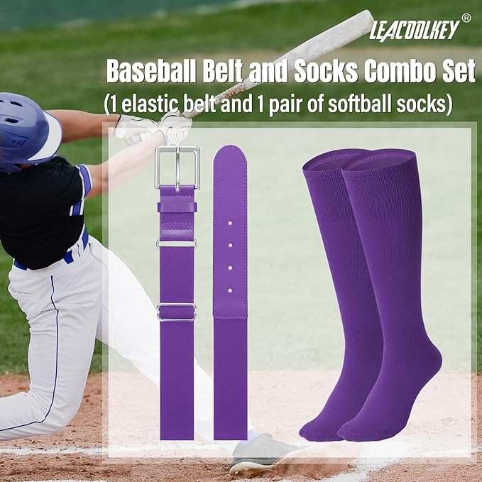 LEACOOLKEY Baseball Belt and Socks Combo Set Adjustable Softball Socks and Elastic Belt for Youth and Adult