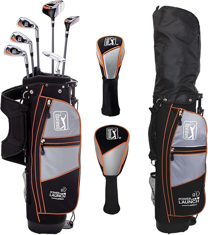 PGA Tour Youth Golf Club Set for Ages 5-15+ (3’5”-5’10”), Right and Left-Handed Kids Golf Sets – Beginner Junior Golf Clubs with Lightweight Stand Bag, Mallet Putter, Hybrid, Driver