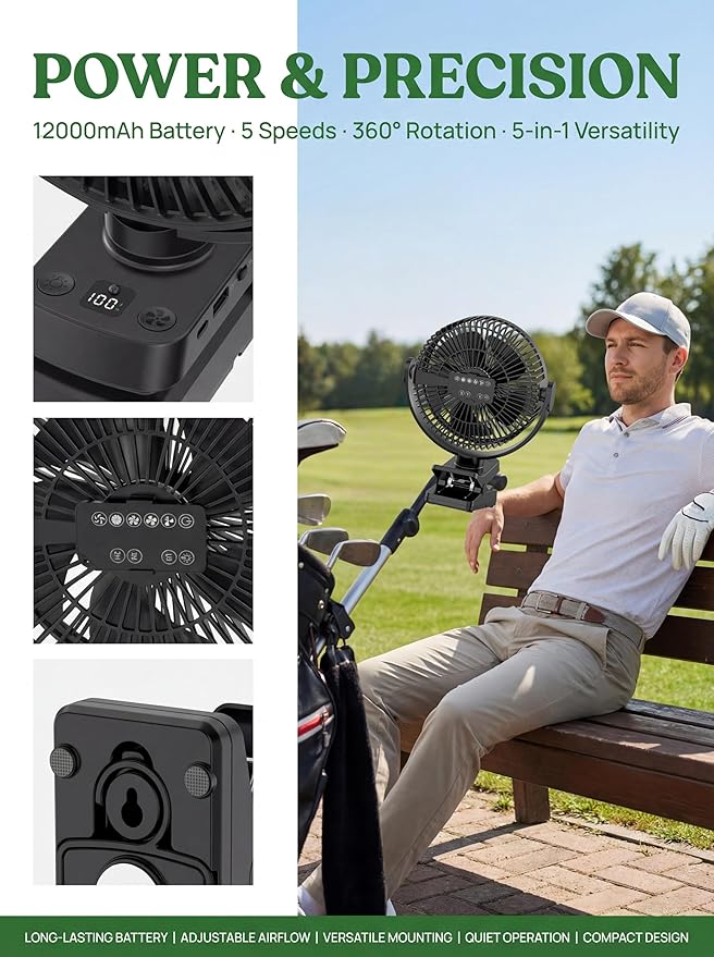 8-inch Magnetic Clip on Fan for Golf Cart, 12000mAH Battery Operated Portable Fan with 5 Speeds, LED Lantern, Magnetic Base, Compatible with EZGO Club Car Yamaha, Ideal Golf Cart Accessories