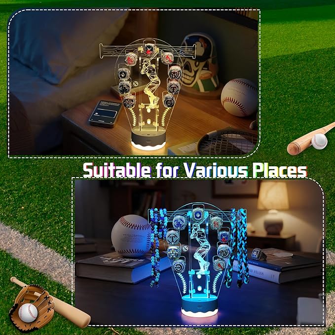 CoolGift Mart Light Up Baseball Ring Holder, 16 Colors 3D LED Lights Acrylic Championship Ring Display Stand, with Remote Control, Birthday Xmas Gifts for Baseball Players Fans