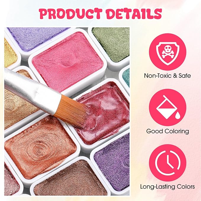 Nuanchu 12 Sets Metallic Watercolor Paint Set 20 Colors Glitter Solid Water - Image 3