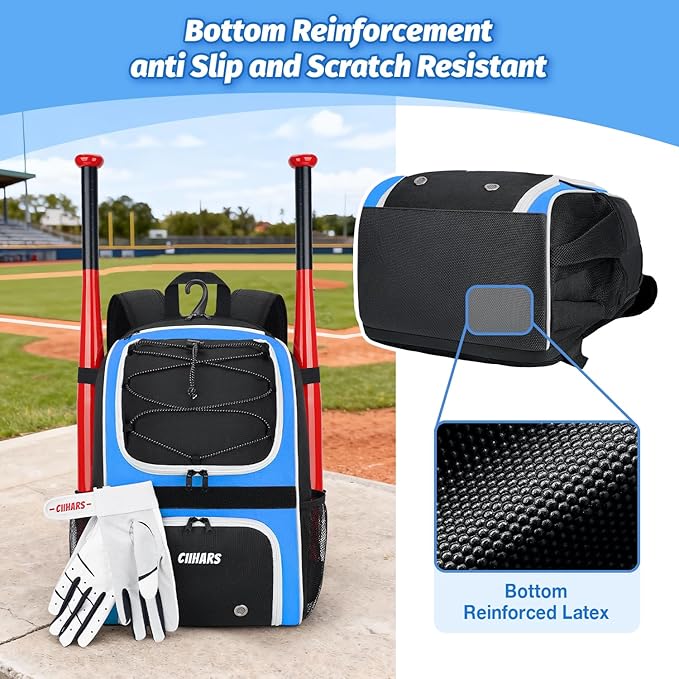 Youth Baseball Bag - Baseball Backpack Bat & Glove Holder, T-Ball & Softball Equipment & Gear,Large Main Compartment for Helmet & accessories, Fence Hook，Insulation Pocket