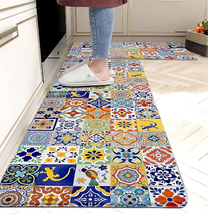 weesire Boho Kitchen Rugs Set 2 Pieces Memory Foam Colorful Ceramic Comfort by weesire