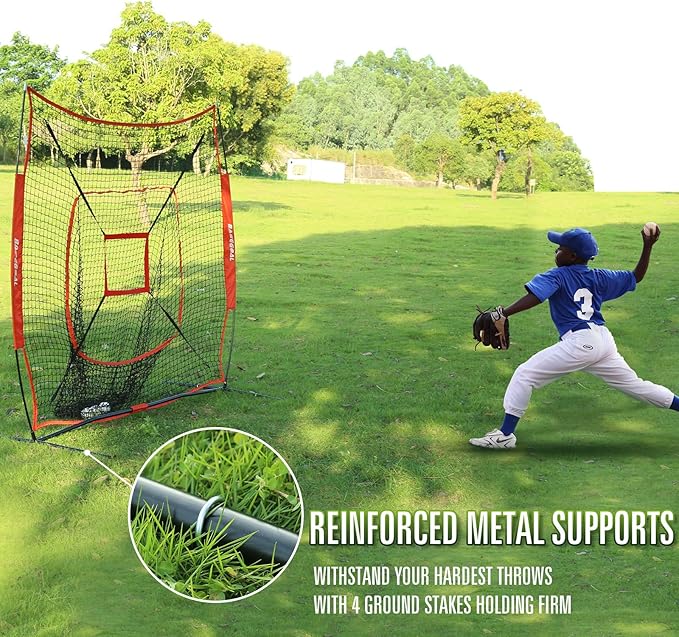 BaseGoal 7'×7' Baseball Softball Practice Net,Baseball Backstop,with Batting Tee,for Hitting Pitching Batting Catching with Bow Frame,Bonus Strike Zone
