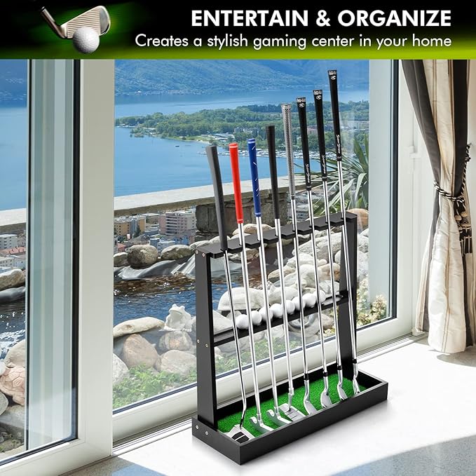 XCSOURCE Wooden Golf Putter Stand, Golf Club Holder Stand Floor Display Rack, Golf Club Rack for 8 Clubs and 12 Balls Storage, Golf Club Organizer for Indoor Home Office Club Simulator
