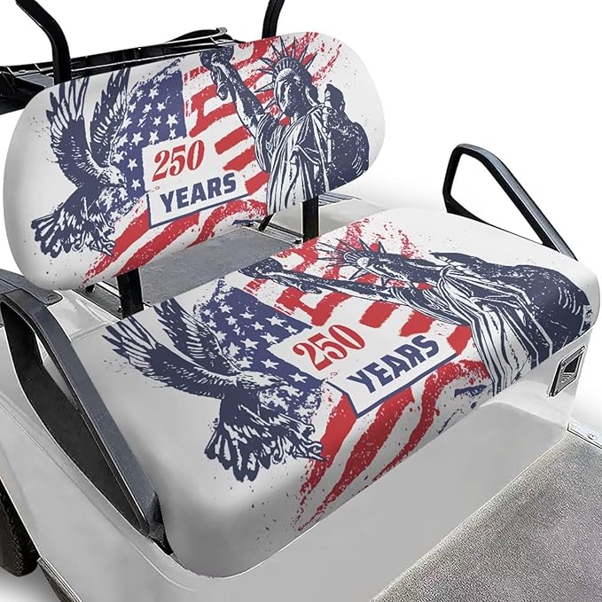 Yewatlles Golf Cart Seat Covers Seat Kit, Printed Breathable Golf Cart Seat Cushions Golf Blanket Golf Club Car Accessories 250 Years American Flag Pattern