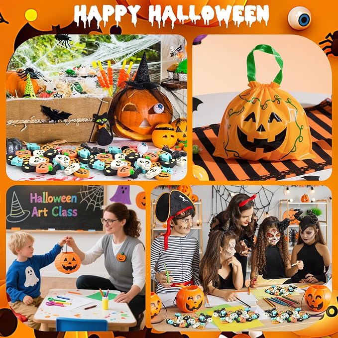 90 Pcs Halloween Mini Erasers for Kids, PLULON Goody Bag Fillers Pumpkin Black - Image 6