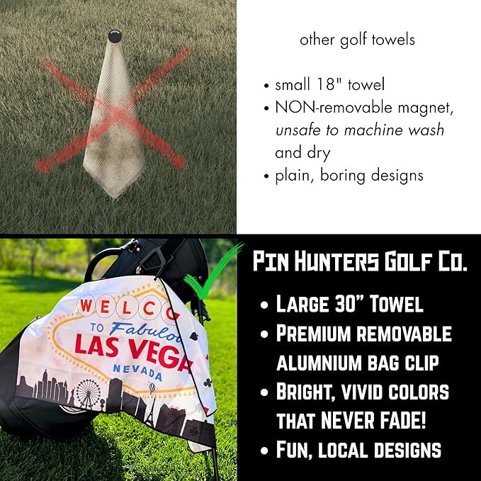 Pin Hunters Las Vegas-Themed Microfiber Golf Towel | Premium Waffle Towel with Clip | Large 31"×15.5" Towel for Golf Bags | Accessories for Men | Fun Gift for Husband | USA Pride