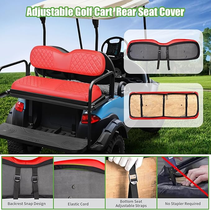 10L0L Golf Cart Seat Covers for Club Car Precedent,EZGO TXT Front/Rear Seats Diamond Pattern,Vinyl Leather with Adjustable Straps and Retractable Buckle, No Stapler Needed