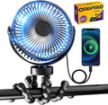 Rechargeable Golf Cart Fan, 12000mAh Stroller Fan, Adjustable 4 Speeds, LED Light, Power Bank, 360° Rotation, Portable Clip on Fans with Flexible Tripod for Club Car EZGO Yamaha