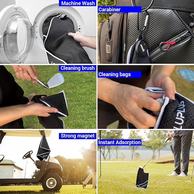 4-in-1 Magnetic Golf Towel with Brush & Cleaning Pocket -Premium Construction Golf Towel- Super Strong Golf Club Cleaner- Microfiber Waffle Design-15.7" X 23.6" Golf Accessories and Gifts for Men