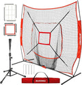 BaseGoal 7'×7' Baseball Softball Practice Net,Baseball Backstop,with Batting Tee,for Hitting Pitching Batting Catching with Bow Frame,Bonus Strike Zone