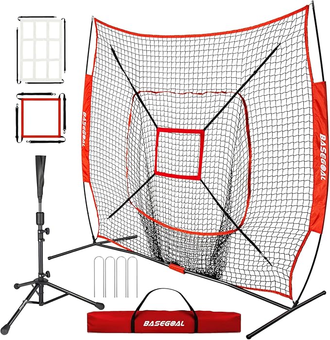 BaseGoal 7'×7' Baseball Softball Practice Net,Baseball Backstop,with Batting Tee,for Hitting Pitching Batting Catching with Bow Frame,Bonus Strike Zone