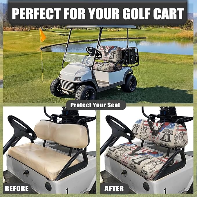 YewatllesGolf Cart Seat Covers, Fit Club Car Seat Cushion, Printed Club Car Accessories Seat Covers, No Nails Required Summer Eagle 250th American Flag