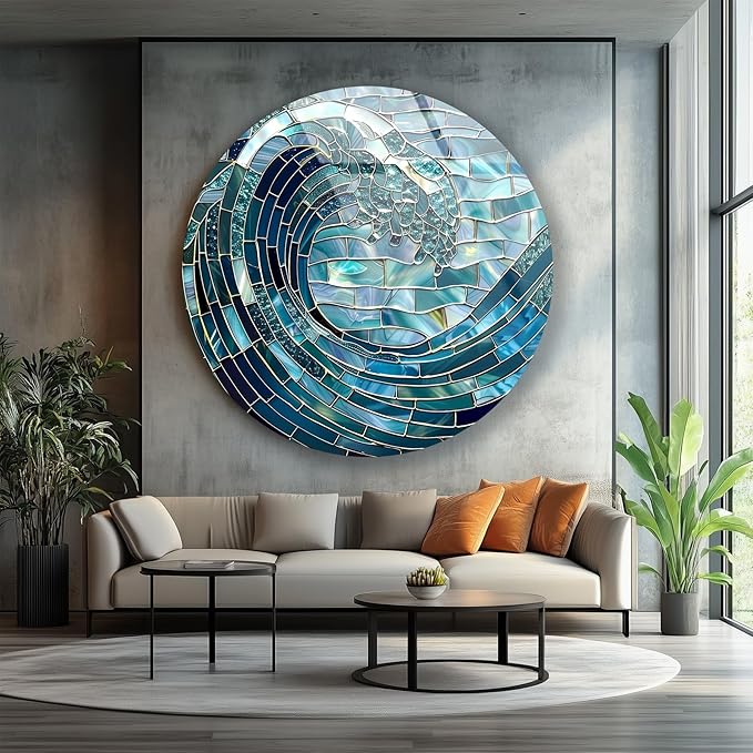 My Photostation.com 20'' Diameter Ocean Wave in Blue Mosaic Round Glass Wall by MyPhotostation