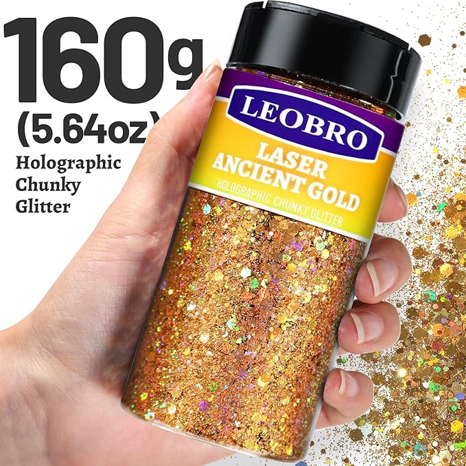 LEOBRO Ancient Gold Glitter, 160g/5.64oz Holographic Chunky Glitter - Image 2
