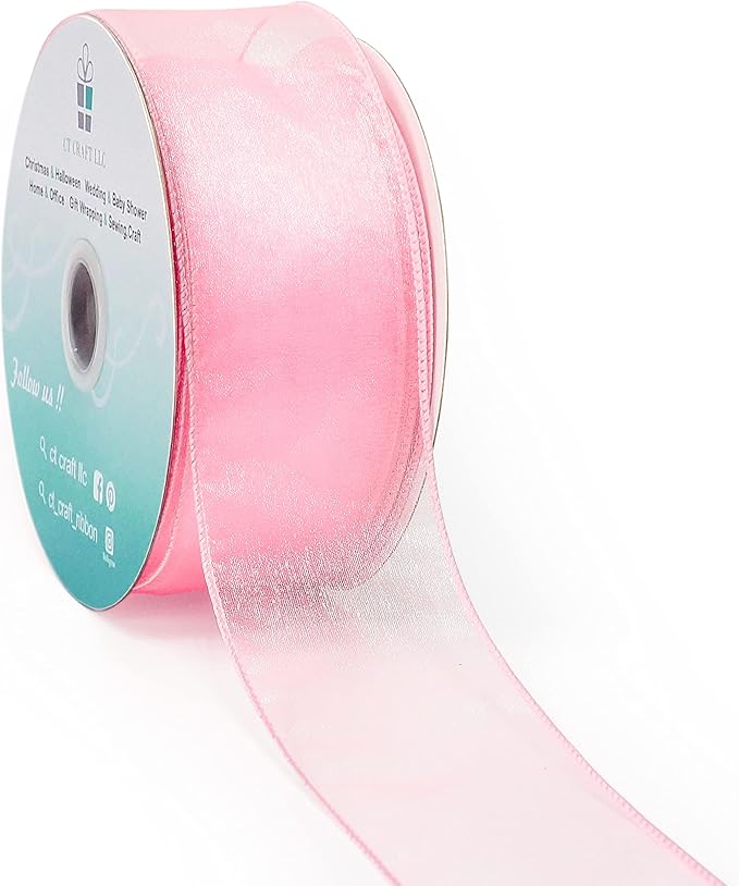 CT CRAFT LLC Sheer Organza Wired Ribbon 2.5" x 50Yards Pink by CTCRAFTLLC