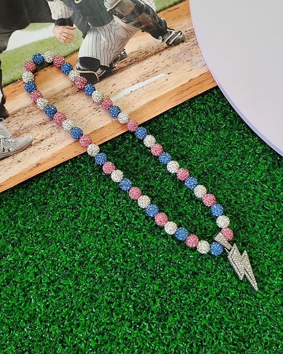 Baseball Necklace for Men 16/18/20 Inch Bling Ice Collection Lightning Bolt Pendant Necklace for Women Rhinestone Clay Beaded Discoball Accessories Gifts for Baseball Team Players Lovers