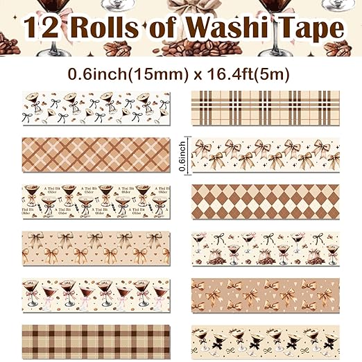 12 Rolls Martini Washi Tape, Vintage Brown Checkered Bow Masking Tape, Martini - Image 2