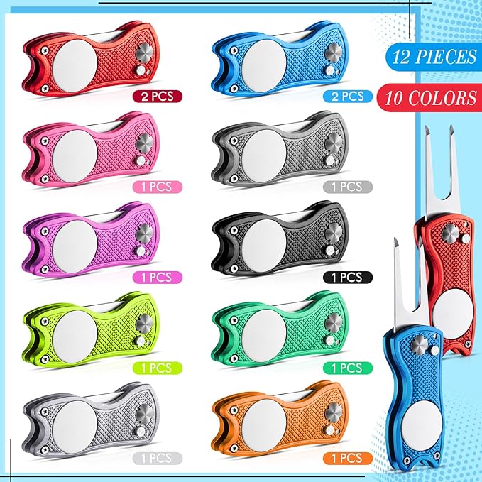 Poen Pcs Golf Divot Tool Golf Repair Tool with Magnetic Ball Marker and Popping Button Metal Foldable Switchblade Repair Fixer for Golfers Prizes