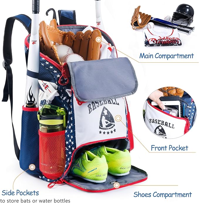 Baseball Bag for Youth & Adult with 4 Bat Sleeves - Softball Bat Bag with Shoe Compartment - Baseball Backpack for T-Ball, Softball Equipment, Baseball Gear, Baseball Bags for Boys 8-12