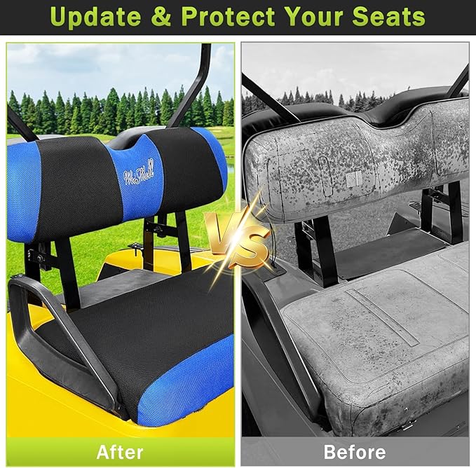 Golf Cart Seat Covers Front and Rear Seat Covers Fit for EZGO TXT RXV Club Car DS 2000-Up Front Seat Cover Aftermarket Back Seat Cushion Cover Black&Blue