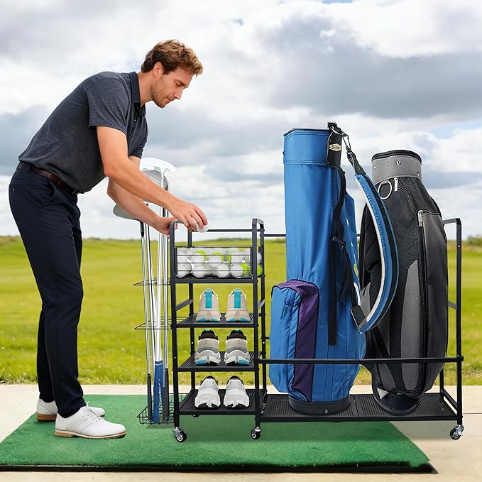 Golf Bag Storage Rack with Wheels, Golf Bag Organizer Fits 2 Bags and Store golf clubs, balls, shoes, and golf equipment accessories, Sturdy Golf Storage Rack for Home Garage Club Basement, Black