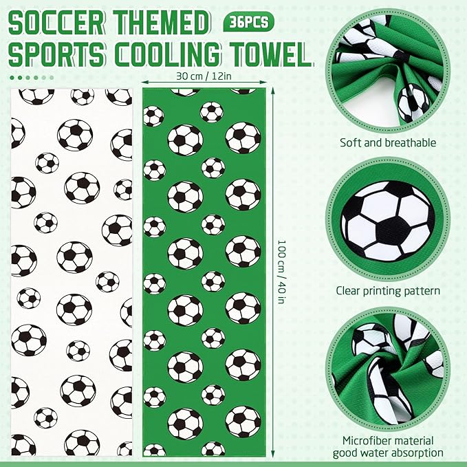FuWeave 36 Pcs Sports Cooling Towels Baseball Basketball Softball Breathable Soccer Football Volleyball Microfiber Ice Towel Fast Drying for Party Favors Team Gift (Soccer,40 x 12 Inch)